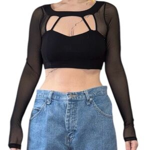 Solemio Black Mesh Long-Sleeve Cutout Crop Top